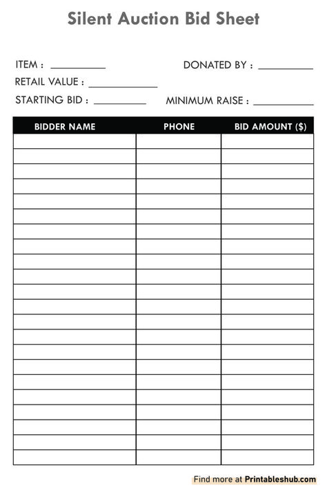 Free Printable Blank Silent Auction Bid Sheet Template PDF Silent Auction Donations, Silent Auction Bid Sheets, Auction Games, Silent Auction Fundraiser, Auction Donations, Golf Fundraiser, Rosh Hashanah Cards, Auction Fundraiser, Christmas Program