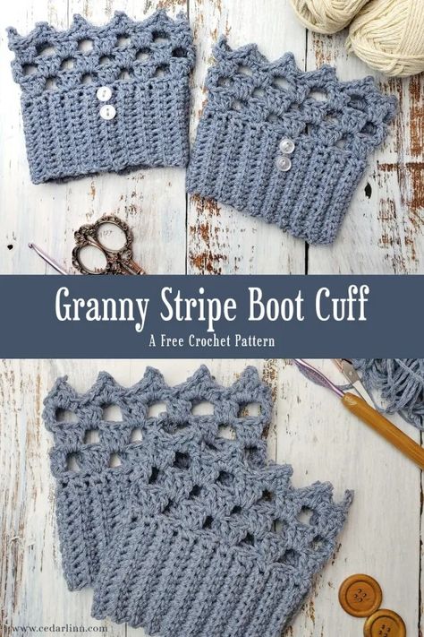 Free Crochet Pattern: Granny Stripe Boot Cuffs – CEDAR&LINN Crochet Boot Cuffs Free Pattern, Boot Cuffs Crochet, Crochet Boot Cuff Pattern, Crochet Boot Cuff, Boot Cuff Pattern, Granny Stripe, Cuff Pattern, Crochet Boot Cuffs, Winter Items