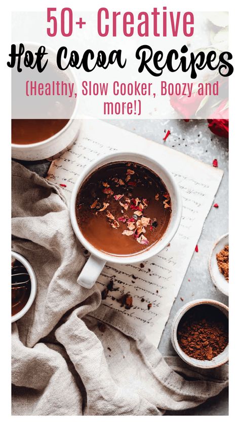 These creative hot chocolate recipes will have you sipping all winter long in style. With over 50 hot chocolate recipes to choose from, I know you're going to fall in love with one of them and be sipping on hot chocolate all winter long. The hot chocolate recipes include slow cooker recipes, healthy hot chocolate recipes, boozy recipes, and creative twists on the classic! Healthy Hot Chocolate Recipe, Boozy Recipes, White Hot Chocolate Recipe, Sipping Chocolate, Boozy Hot Chocolate, Peanut Butter Hot Chocolate, Spiked Hot Chocolate, Healthy Hot Chocolate, Crockpot Hot Chocolate