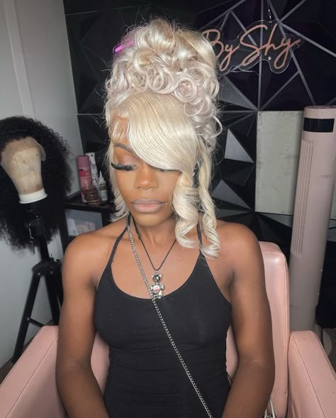 Blonde Hair Updo Black Women, Blonde Double Frontal Ponytail, Mommy Hair, Dark Skin Blonde Hair, Low Ponytails, Mommy Hairstyles, Wig Installation, Black Ponytail, Blonde Updo