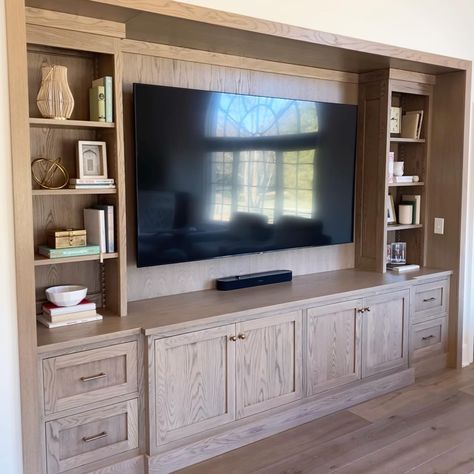 Large Living Room Built Ins, White Oak Built In Tv Cabinet, Maple Built Ins, Built In Tv Stand Living Room, Stained Wood Built Ins Living Room, Tv Wall With Cabinets And Shelves, White Oak Entertainment Center, Cabinets Around Tv, Tv Wall With Cabinets