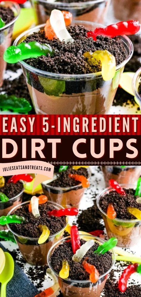 DIRT CUPS, Halloween treats, dessert ideas Dirt Pudding Recipes, Dirt Recipe, Dirt Cups Recipe, Easy Desserts For Kids, Dirt Dessert, Dirt Cake Recipes, Dirt Pudding, Oreo Dirt, Dirt Cups