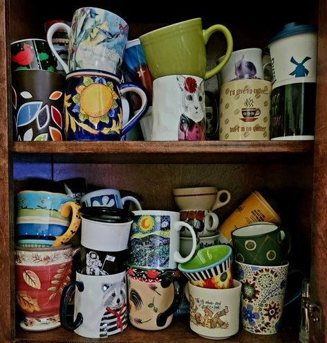 Cup Collection, Mug Collection, Aestheitc Mug, Cute Mug Collection, Mug Collection Aesthetic, Thrifted Mugs, Awsthetic Mug, Eclectic Mugs, Ladies Room