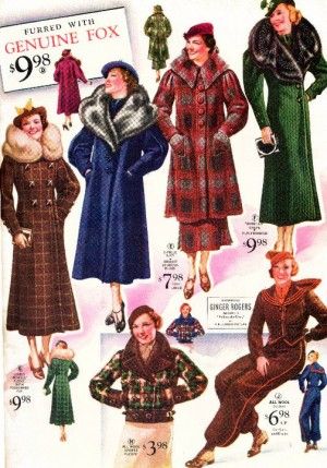 1936 Winter Coats. Shop vintage inspired 1930s coats at jacket wool plaid short ski pants brown blue red green fur winter sports wear mid 30s era deco VintageDancer.com Vintage Winter Outfits, Vintage Outfit Ideas, 1930s Outfits, Fashion 30s, Madame Gres, 1930 Fashion, Lindy Hop, Ginger Rogers, Country Fashion Women