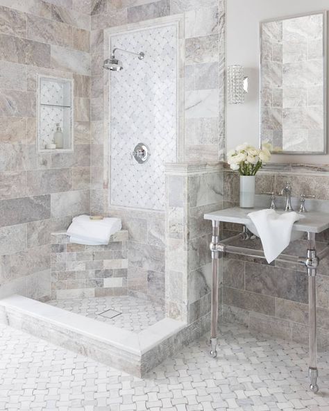 There are a few key elements you can add to any design to ensure it feels elevated, custom, and complete. Today on our story, we're walking you through the best ways to layer trim pieces. Head to the blog for more! Tile Threshold, Grey Travertine, Shower Threshold, Travertine Bathroom, Shower Curb, Travertine Wall Tiles, White Marble Tiles, Marble Showers, Vanity Bathroom