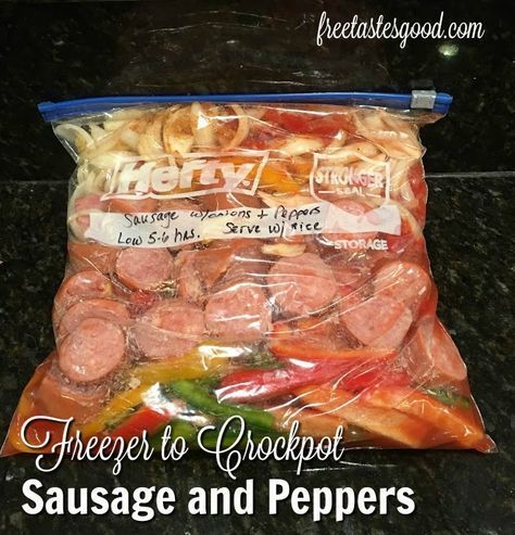 Make Ahead Freezer Meals - who doesn't like eating healthy. With Freezer to Crockpot Sausage and Peppers, you could eat healthy every night. Crockpot Sausage And Peppers, Sausage And Peppers Crockpot, Crockpot Sausage, Chicken Freezer, Freezer Dinners, Crockpot Meal, Slow Cooker Freezer Meals, Freezer Friendly Meals, Freezable Meals