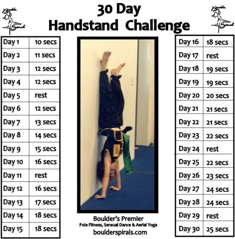 Boulder Spirals 30-Day Handstand Challenge for real people. 30 Day Handstand Challenge, Handstand In 30 Days, Handstand Challenge 30 Day, Handstand Yoga Beginner, Handstand Pushup Progression, Handstand Tutorial, Gymnastics Handstand, Arms Exercise, Handstand Training