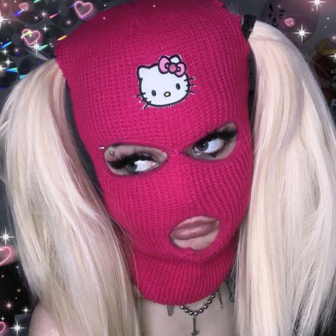 Hello Kitty Ski Mask, Egirl Pfp, Girl With Pigtails, Face Mask Aesthetic, Grunge Couple, Thug Girl, Girl Gang Aesthetic, Gangster Girl, Cute Mask