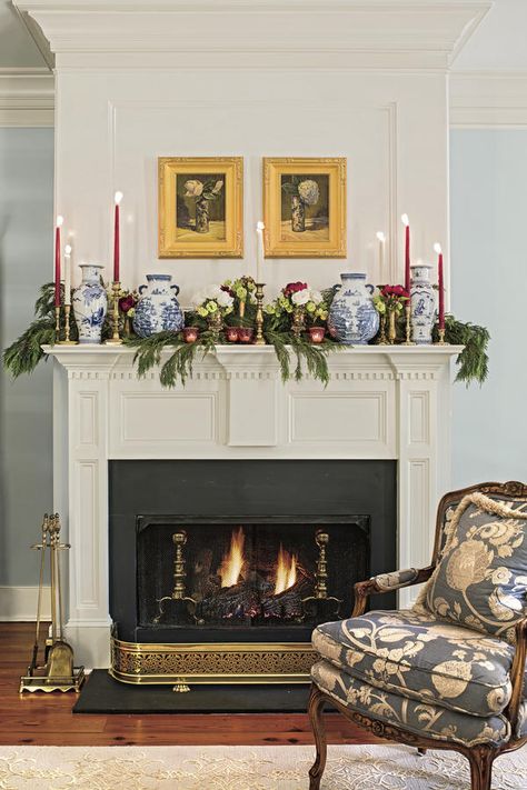 Light Enough Candles to Survive a Power Outage - 29 Ways to Celebrate a Southern Christmas - Southernliving. Candles, candles everywhere. Grand Melinnial Christmas, Southern Christmas Traditions, Classic Southern Christmas Decor, Mantle With Candles, Southern Christmas Decor, Vintage Christmas Fireplace, Grand Millennial Christmas, Southern Christmas Decorations, Holiday Mantel Decorating Ideas