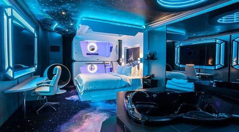 Fantasyland Hotel, Themed Hotel Rooms, Futuristic Bedroom, Galaxy Bedroom, Space Hotel, Space Themed Room, Space Themed Bedroom, Spaceship Interior, Space Tourism