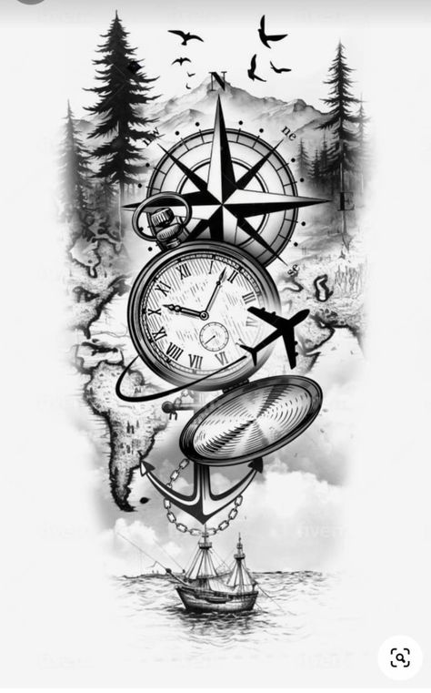 Hourglass And Compass Tattoo, Reality Tattoo Ideas, Map And Compass Tattoo Design, Compass And Clock Tattoo Ideas, Clock And Compass Tattoo, Seaman Tattoo Design, Sleeve Tattoo Drawings, Tattoo Designs Stencil, Hand Drawing Pencil