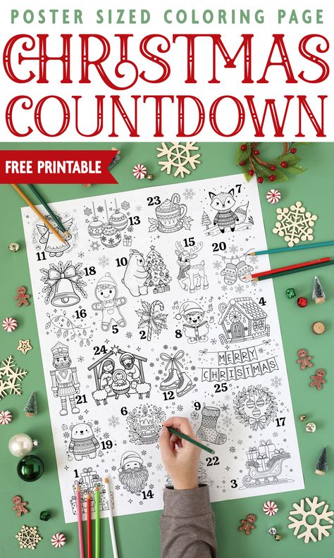 Count down the days to Christmas with this giant printable Christmas countdown coloring poster. Color one picture every day! This prints for less than $3 same day and is a huge poster to hang on the wall. So fun for kids or grandkids and easy to pull off too!  DIY Christmas | Coloring Page | Christmas Crafts for Kids | Christmas Crafts | Christmas Art | Advent Calendar Advent Calendar Poster, Printable Advent Calendar For Kids, Coloring Advent Calendar, Advent Coloring Pages, Diy Advent Calendar For Kids, Printable Christmas Countdown, Prek Christmas, Crafts For Kids Christmas, Coloring Page Christmas