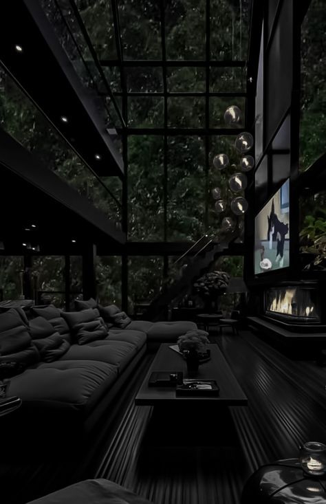 Dark Luxury Aesthetic House, Dark Modern Library, Dark Luxury Apartment Aesthetic, Mafia Room Aesthetic, Dark Aesthetic Apartment Interiors, Black Houses Interior, Black Modern House Interior Design, Dark Expensive Aesthetic, Matte Black Living Room