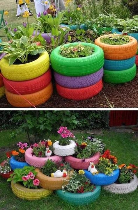 Garden Ideas Using Old Tires, Garden Ideas With Plastic Bottles, Tire Garden, Back Garden Design, Sensory Garden, Garden Decor Projects, Garden Decor Ideas, Garden Crafts Diy, Vintage Garden Decor