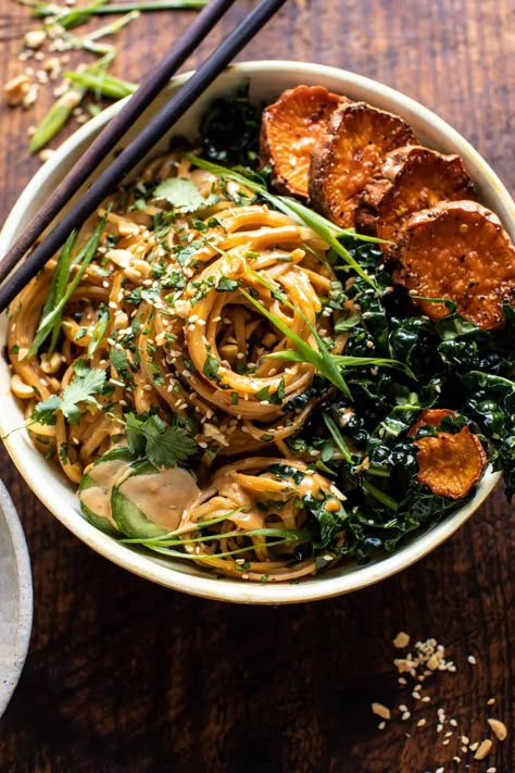 Tahini Noodles, Half Baked Harvest, Quick Cooking, Sweet Potatoes, Vegetable Dishes, Chopsticks, Tahini, A Bowl, Sweet Potato