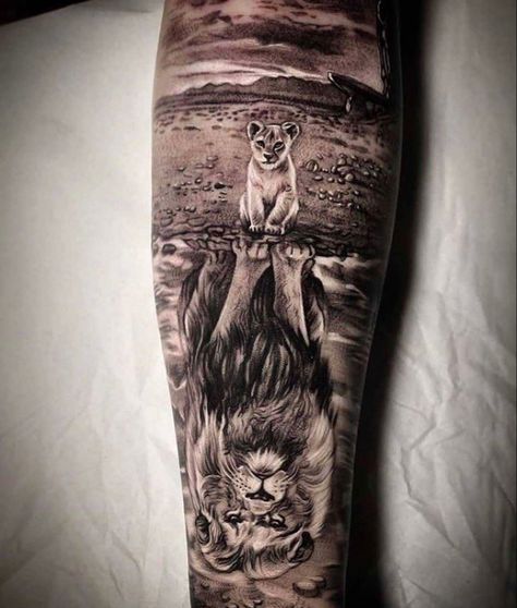 Reflection Tattoo, Lion Forearm Tattoos, Lion King Tattoo, Animal Sleeve Tattoo, Lion Tattoo Sleeves, Wolf Tattoo Sleeve, Mens Lion Tattoo, Lion Head Tattoos, Men Tattoos Arm Sleeve