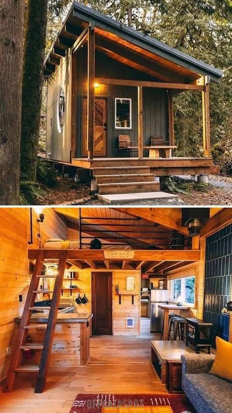 Cute Wooden Tiny Home Tiny Home Rustic, Mini Cabin Ideas, Tiny Cabin Plans, Mini Chalet, Shed Tiny Home, Studio Cabin, Cabin Diy, Diy Cabin, Small Tiny House