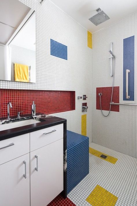 Photo 2 of 7 in 6 Colorful, Geometric Buildings Inspired by Piet Mondrian - Dwell Bauhaus Interior, Shower Wall Tile, Ceramic Floor Tiles, Bauhaus Style, Yellow Bathrooms, Bauhaus Design, Lighting Design Interior, Piet Mondrian, Contemporary Bathroom