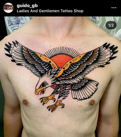 Traditional Egal Tattoo, Americana Chest Tattoo, Eagle Chest Tattoo Men Traditional, Eagle Tattoo Traditional Old School, American Traditional Side Tattoo, Old School Hawk Tattoo, American Traditional Eagle Chest Tattoo, Eagle Chest Tattoo Men, Traditional Eagle Chest Tattoo