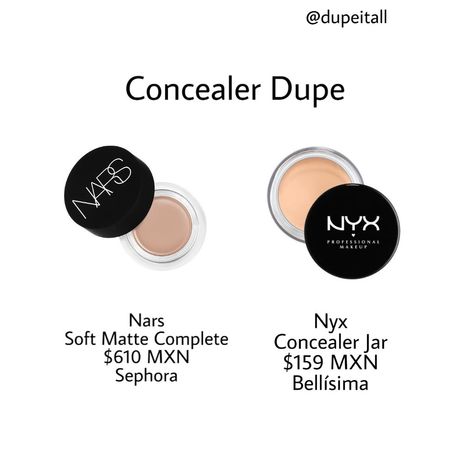 Nars soft matte complete concealer vs. Nyx concealer jar FOLLOW DUPE IT ALL FOR MORE! Nars Pot Concealer, Pot Concealer, Nyx Concealer, Nars Concealer, Eye Brightener, New Skin, Nyx, Nars, Concealer