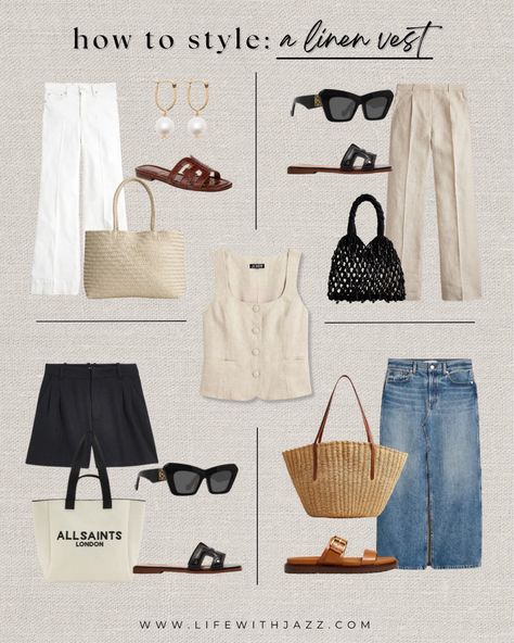 Shop Scoopneck linen-blend vest and other curated products on LTK, the easiest way to shop everything from your favorite creators. Vest With Jeans Outfit, Black Tailored Shorts, Linen Pants Black, Beige Linen Pants, White Wide Leg Jeans, Wide Leg Pants Outfit, Sandals Chunky, Linen Vest, Jeans Beige