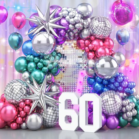 Wreck It Ralph Balloon Garland, Prom Theme 30th Birthday, Metallic Balloon Garland, 90s Themed Birthday, Starburst Balloon, Disco Ball Balloons, Ball Balloons, Dance Party Decorations, Disco Ball Decorations