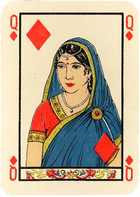 Indian Indie Aesthetic, Indian Playing Cards, Indian Poster Design, Indian Vintage Aesthetic, Indian Retro, Queen Of Diamonds, Queen Card, Indian Illustration, Art Hippie