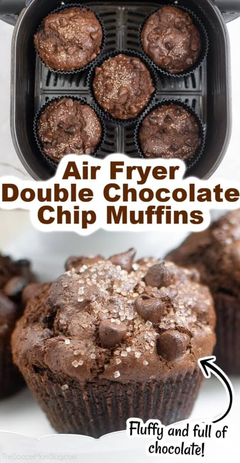 Moist, fluffy, and full of chocolate, these Air Fryer Double Chocolate Muffins taste like they came from a bakery — but you can easily bake them from scratch in your Air Fryer! Keto Air Fryer Muffins, Air Fryer Dessert Recipes Chocolate, Air Fryer Chocolate Chip Muffins, Gluten Free Air Fryer Muffins, Air Fryer Cupcakes Recipes, Air Fryer Muffin Recipes, Baking In Air Fryer Recipes, Air Fryer Muffins Healthy, Air Fryer Cupcake Recipes