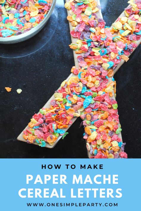 Cereal Themed Party, Cereal Names, How To Make Cereal, Birthday Breakfast Party, Pancakes And Pajamas, Paper Mache Letters, Waffle Bar, Making Paper Mache, Paper Mache Projects