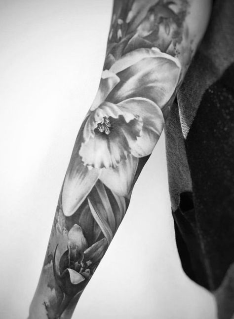 Sleeve Pieces Tattoo, Black And Grey Realism Flower Tattoo, Negative Space Tattoo Flower, Negative Space Flower Tattoo, Negative Space Tattoo Sleeve, Realism Tattoo Sleeve Women, Realism Flower Tattoo, Cool Nature Tattoos, Celtic Angel