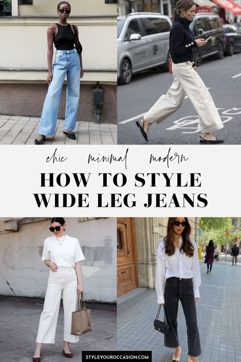 Looking for wide leg jeans outfit ideas? Get inspiration for how to style wide leg jeans in chic, modern ways for the spring, summer, fall, and winter months. Get casual, street style looks, ideas for work, and see how a curvy or plus size figure can pull off the high waist wide leg jeans aesthetic. Styling Wide Leg Jeans Summer, Wide Leg Jeans With Heels Outfits, Wide Jeans Shoes, Chic Wide Leg Jeans Outfit, Wide Leg Jeans 2023, Wide Legs Black Jeans Outfit, Spring Wide Leg Jeans Outfit, Styling High Waisted Wide Leg Jeans, High Waisted Wide Leg Jeans Outfit Curvy