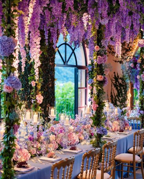 Wisteria Themed Wedding, Wisteria Wedding Theme, Monet Wedding Inspiration, Purple Wisteria Wedding, Purple Wedding Aesthetic, Light Purple Wedding Theme, Luxury Garden Wedding, Enchanted Forest Quinceanera Theme, Purple Flowers Wedding