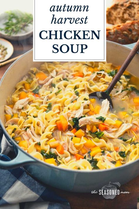 Celebrate the autumn harvest with a fall-inspired chicken noodle soup! This easy pot includes butternut squash, herbs, and fresh greens for a cozy, seasonal supper in less than 1 hour. Chicken Veggie Soup, Butternut Soup, Homemade Egg Noodles, Chicken And Butternut Squash, Butternut Squash Recipes Soup, Roasted Butternut Squash Soup, Butternut Squash Recipes, Fall Soups, Soup Recipes Chicken Noodle