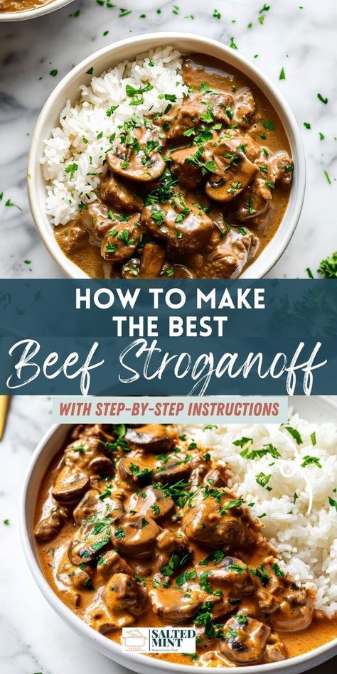 Jazz up your weeknights with our classic beef stroganoff recipe. Quick to prepare and full of flavor, it's a homemade dish that's sure to impress. Complete with sour cream and the best stroganoff sauce tips, it's a versatile beef dinner that can be served over noodles or rice. A delicious solution for your dinner dilemmas! Beef Stroganoff Over Rice, Rice Stroganoff Recipe, Best Stroganoff, Beef Stroganoff With Rice, Best Beef Stroganoff Recipe, Beef Stroganoff Sauce, Pork Stroganoff Recipe, Pork Stroganoff, Beef Stroganof