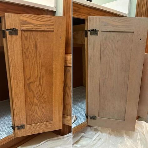 Kitchen Cabinet Stain Before And After, Limewax Kitchen Cabinets, White Wash Wood Cabinets, Sand And Stain Kitchen Cabinets, Sanded Oak Kitchen Cabinets, Oak Cabinet Stain Ideas, Restaining Cabinets Kitchens, Whitewash Golden Oak Cabinets, Driftwood Stained Cabinets