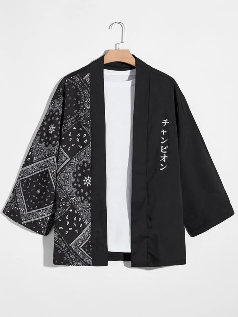 Men Japanese Letter & Scarf Print Kimono Without Tee | SHEIN USA Japanese Letter, Male Kimono, Mode Kimono, Casual Kimono, Casual Long Sleeve Shirts, Japanese Streetwear, Kimono Cardigan, Kimono Fashion, Outfit Casual