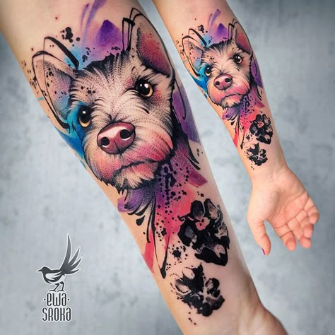 Animal Tattoo Meanings, Geometric Watercolor Tattoo, Watercolor Tattoo Sleeve, Tatoo Dog, Tier Tattoo, Dog Memorial Tattoos, Pawprint Tattoo, Paw Tattoo, Tatuaje A Color