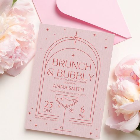 Brunch & Bubbly Retro Pink Red Bridal Shower Invitation Brunch Pink Theme, Bridal Shower Stationary, Invitation Event Design, Brunch And Bubbly Bridal Shower Decor, Brunch Party Invitations, Event Invite Design, Pink Party Invitations, Brunch And Bubbly Invitations, Pink Invites