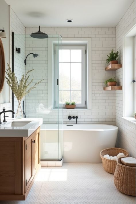 Scandinavian modern bathroom with wood elements and white tiles Small Bathroom With Bathtub Ideas, Small Primary Bathroom Ideas, White Modern Bathroom Ideas, Cream And White Bathroom, White Tile Bathroom Ideas, Organic Modern Bathroom Design, Bathroom Tub Ideas, Bathroom Joanna Gaines, White Bathroom Colors