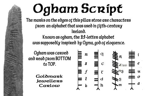 Ogham (/ˈɒɡəm/; Modern Irish [ˈoːmˠ] or [ˈoːəmˠ]; Old Irish: ogam [ˈɔɣamˠ]) is an Early Medieval alphabet used to write the early Irish language (in the "orthodox" inscriptions, 1st to 6th centuries AD), and later the Old Irish language (scholastic ogham, 6th to 9th centuries). Celtic Writing, Writing Symbols, Ogham Tattoo, Tree Alphabet, Grimoire Ideas, Ogham Alphabet, Gaelic Words, Different Alphabets, Irish Tattoos