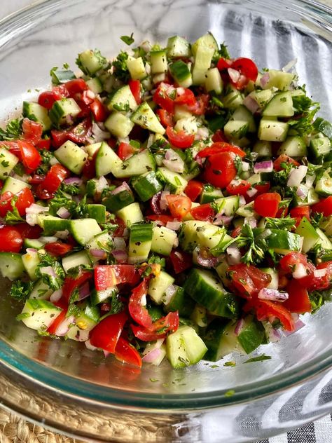 Shirazi Salad Persian Cucumber Salad, Mediterranean Cucumber, Persian Salad, Shirazi Salad, Balsamic Brussel Sprouts, Arab Girl, Eggplant Salad, Sick Of It, Bean Tacos