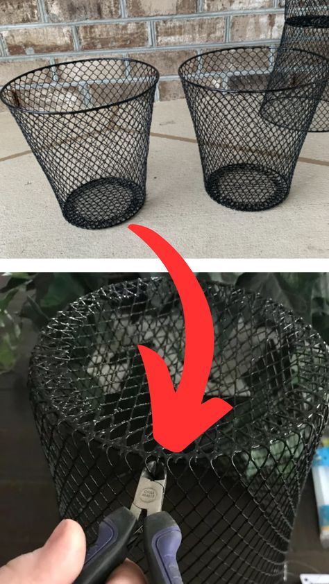 Wire Trash Can Ideas, Dollar Tree Trash Can Ideas, Dollar Tree Wire Basket Diy Crafts, Wire Cloche Diy, Dollar Tree Planters Ideas, Diy Dollar Tree Gifts, Wire Cloche, Dollar Tree Baskets, Dollar Store Bins