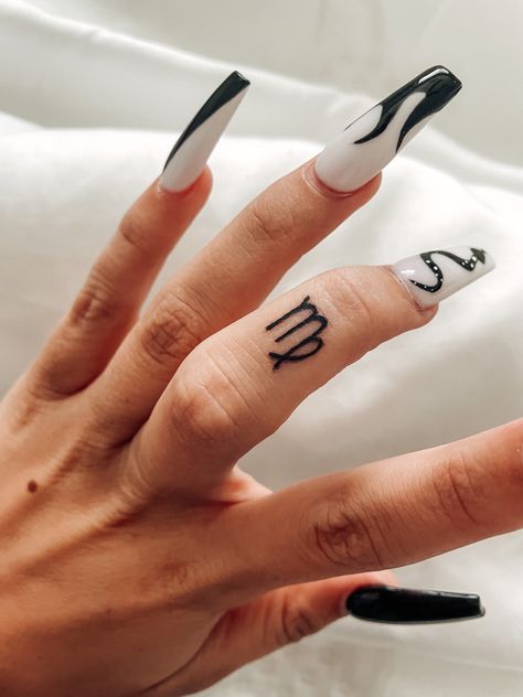 Virgo Tattoo On Finger, Star Sign Finger Tattoo, Virgo Tattoo Finger, Virgo Finger Tattoos For Women, Zodiac Finger Tattoos For Women, Finger Tattoos Virgo, Virgo Hand Tattoos For Women, Virgo Finger Tattoo, Twist Hairstyles Long Hair