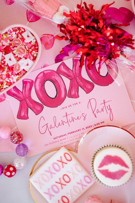 Galentine Party Ideas For Teens, Crafts For Galentines Party, Galentines Party Invitations Free, Galentines Party Pjs, Valentine’s Day Party Invitation, Galentines Party Banner, Valentine Theme Party Ideas, Valentines Birthday Party Ideas Women, Galentines Party Theme