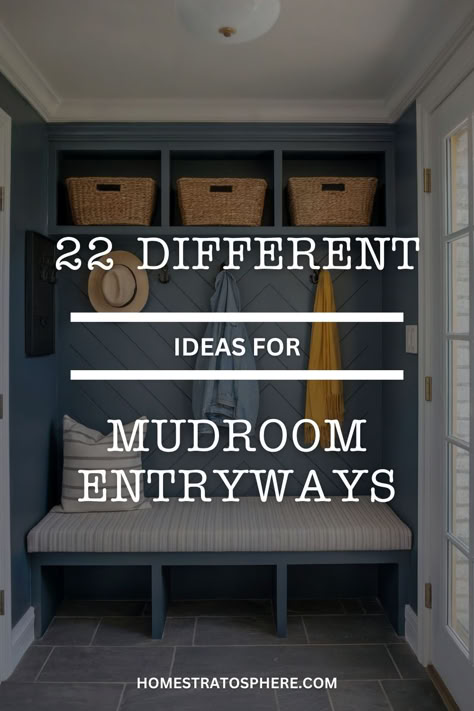 A mudroom entryway with a deep blue built-in bench and coat hooks, accented with a striped cushion and wicker storage baskets. Porch Mudroom Ideas Entryway, Entry Closet Mudroom Entryway, Small Mudroom Cubbies, Small Entryway Bench And Coat Rack, Drop Zone Corner, Mudroom Ideas Entryway Bench, Hallway Boot Room Ideas, Foyer Closet Makeover Entrance, Doorway Bench Entryway