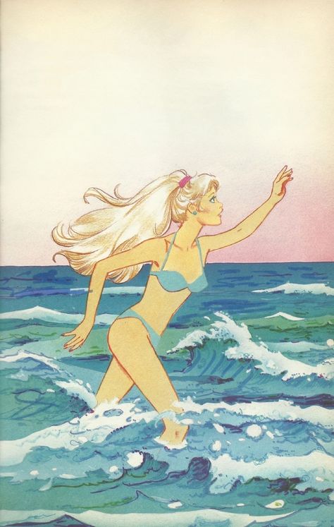 80s Barbie Art, Old Barbie Aesthetic, Beach Barbie Aesthetic, Old Barbie, Beach Barbie, Mermaid Summer, Beach Cartoon, Sunset Island, Barbie Art