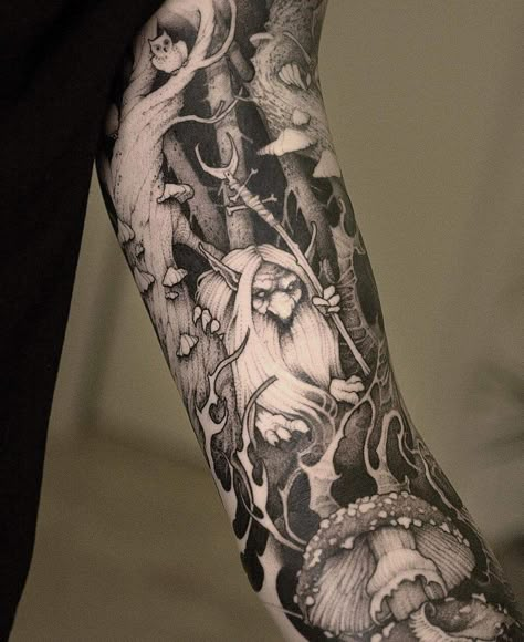 Dark Forest Tattoo, Forest Tattoo Sleeve, Forest Tattoo, Mushroom Tattoos, One Piece Tattoos, Fantasy Tattoos, Forest Tattoos, Theme Tattoo, Spooky Tattoos