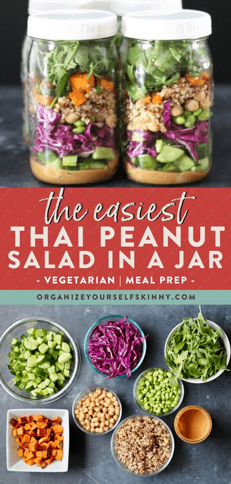 Pesto Mason Jar Salad, Salad In Jar, Thai Peanut Dressing, Thai Peanut Salad, Mason Jar Meal Prep, Salad Jar Recipe, Peanut Salad, Jar Meals, Jar Salads