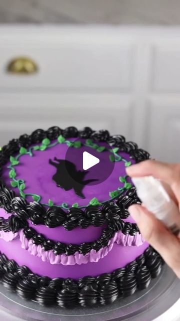 Gothic & Witchy Vibes on Instagram: "Maleficent cake 💚💜 Credits: @sheri_wilson_" Maleficent Cake, Sheri Wilson, Elegant Cakes, Witchy Vibes, Maleficent, Cake Ideas, Sweet 16, Disneyland, Cake Decorating