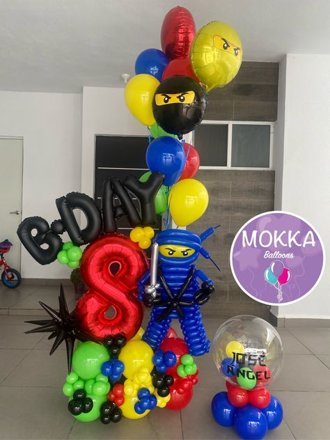 Ninjago Centerpieces Ideas, Ninjago Balloon Arch, Ninja Balloons, Ninjago Balloons, Ninjago Party Decorations, Lego Balloons, Lego Party Decorations, Teal Makeup, Ninja Theme